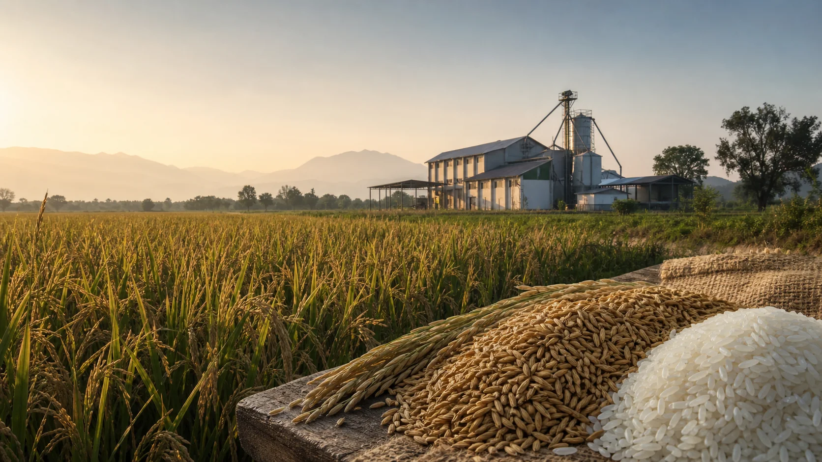 Representative northern Indian paddy landscape with a modest rice-mill building and loose paddy and rice grains